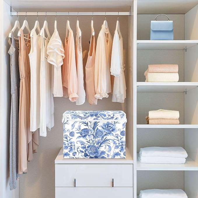 Flower Blue Lidded Storage Bins with Handles - 16.5x12.6x11.8 Foldable Organizing Box Oxford Fabric &amp Honeycomb Board Dust-Proof Flip Lid for Closet/Office