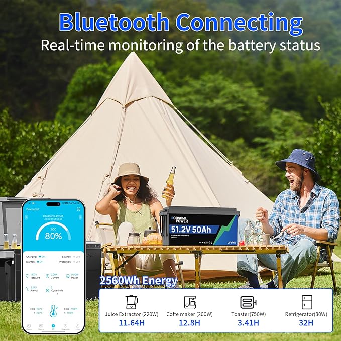 48V 50 Ah LiFePO4 Lithium Battery with Bluetooth &amp Built-In 50 A BMS A-Grade Cells 10 Years Lifespan Perfect for Solar Motorhomes Trolling Motors