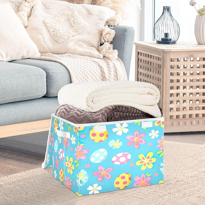 Christmas Storage Baskets with Lids Cute Flowers and Eggs Collapsible Bins Stackable Fabric Linen Baskets Closet Organizer Container 16.5x12.6x11.8