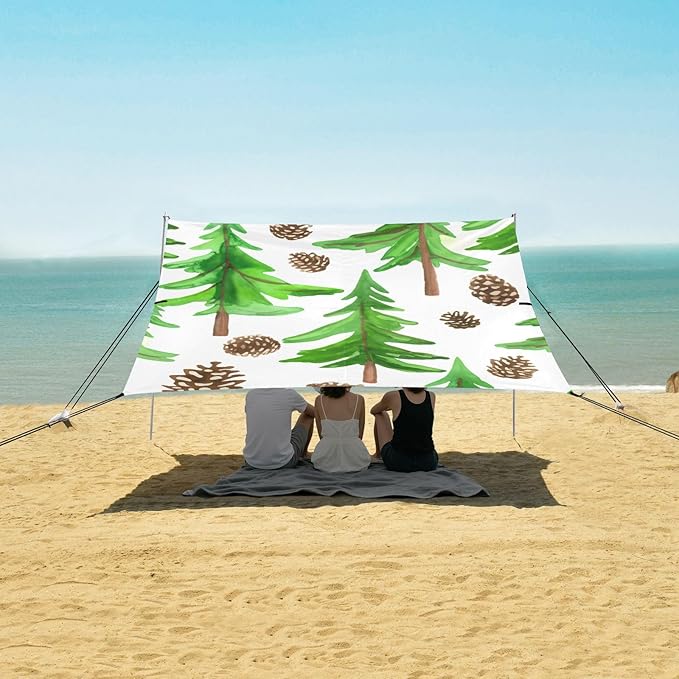 Beach Canopy with Windproof Ropes &amp Sandbags Beach Tent Sun Shade Sun Shelter for Camping Trips Fishing Backyard Fun or Picnics Pine Tree