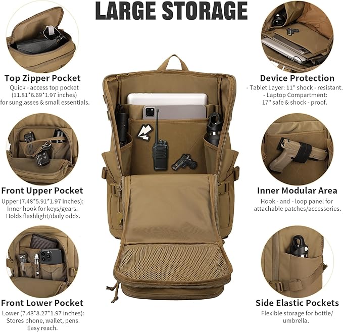 45L Tactical Backpack Military Molle Backpack with 17 Laptop Compartment Survival Large Hiking Travel Rucksack for Outdoors