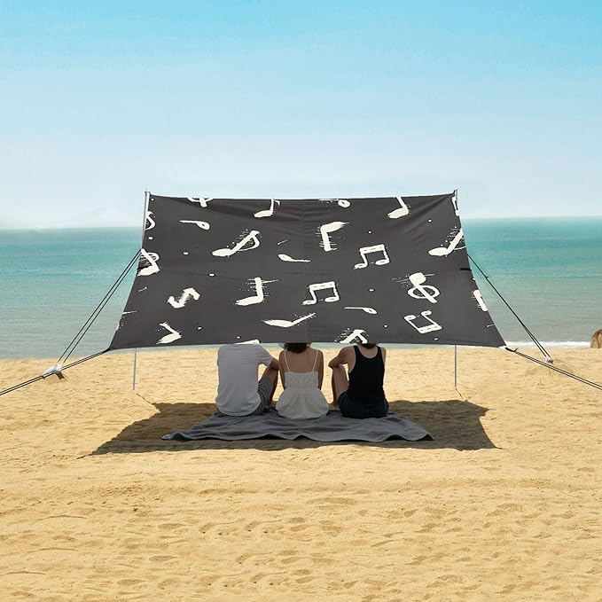 ALAZA Hipster Music Note on Black Beach Tent Sun Shelter Portable Canopy Sunshade for Outdoor Camping Picnics Backyard Fun 10x9 ft