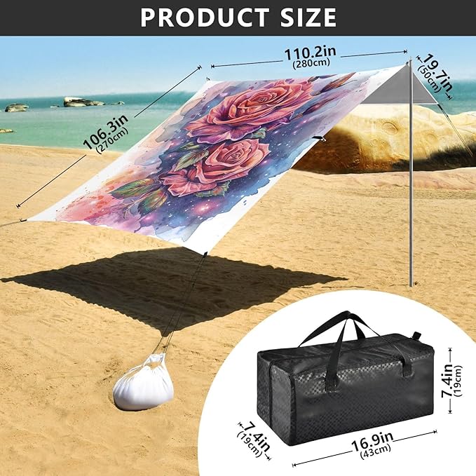 ALAZA Watercolor Rose Flowers Stylization Beach Tent Sun Shelter Portable Canopy Sunshade for Outdoor Camping Picnics Backyard Fun 10x9 ft