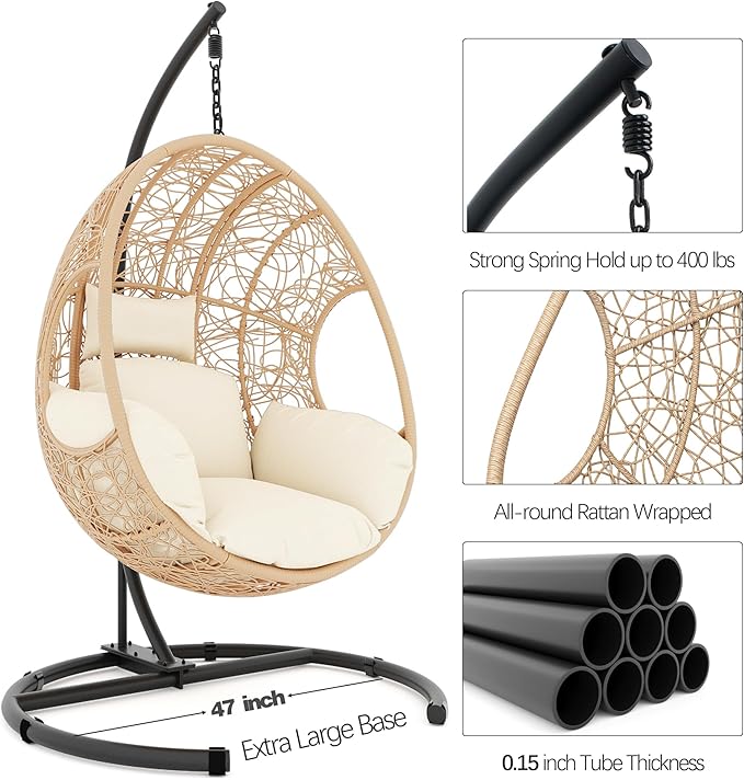Oversized Hanging Egg Chair Set of 2 Outdoor Indoor Wicker Swing Egg Chair with Stand 400lbs Capacity for Bedroom Patio Garden and Balcony