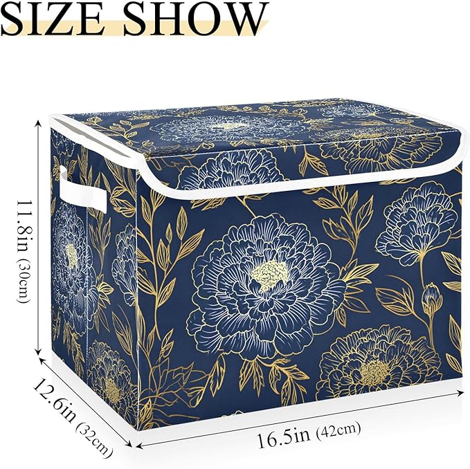 susiyo Large Foldable Storage Bin with Flip-Top Lid Dark Blue Gold Marigold Storage Box Collapsible Closet Organizer Containers Boxes Decorative Baskets with Handles for Home Bedroom Living Room Offi