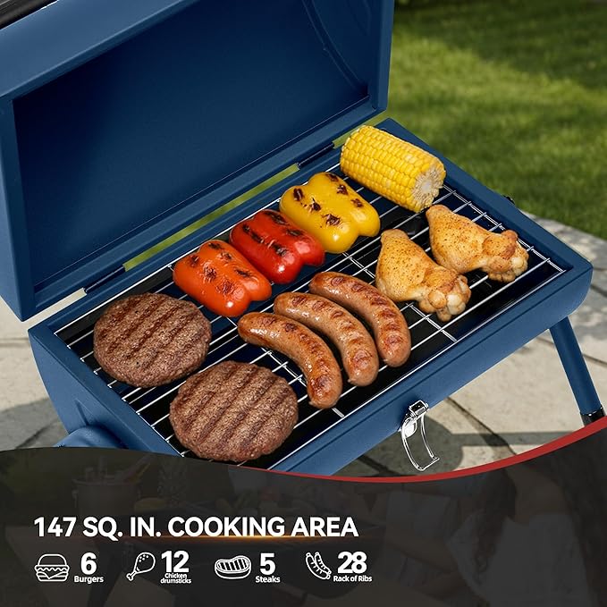 Royal Gourmet CC1015B Portable Charcoal Grill 147 Sq. In. Cooking Area with Four Air Vents Lid Latch Buckle Lid Handle for Outdoor Backyard Patio Parties and Picnics Blue