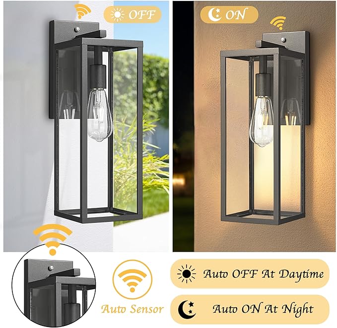 Bestshared Dusk to Dawn Sensor Outdoor Wall Lantern 18 Inch Tall Large Exterior Wall Lights Anti-Rust Modern Black Outside Lamp for House Front Porch Doorway Patio (Black 18 H)