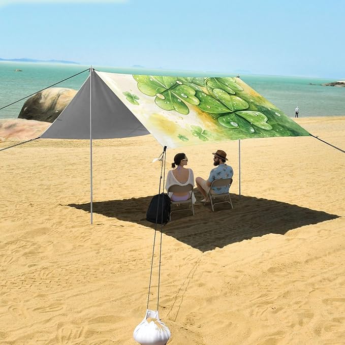 xigua St. Patrick's Day Clover Beach Tent Sun Shelter with Carrying Bag - Silver Coated Oxford Fabric Beach Canopy for Beach Camping Fishing - Includes Windproof Ropes Sandbags &amp Stakes