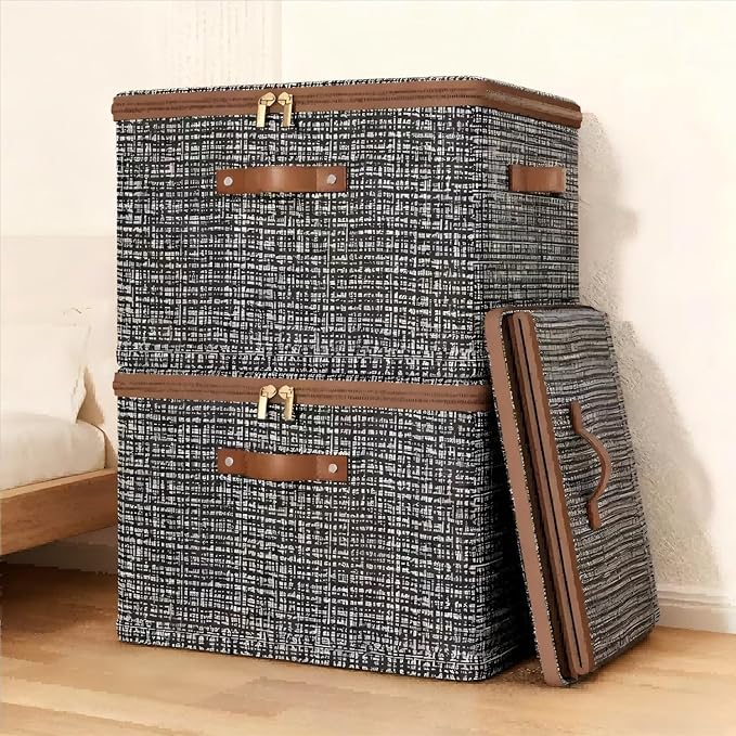 3 Pack 44.3 Quart Fabric Storage Bins with Lid 17.7x13.8x10.2 in Stackable Closet Organizer Baskets Foldable Polyester Cube Storage with Handles Decorative Organizer Boxes for Shelves Grey