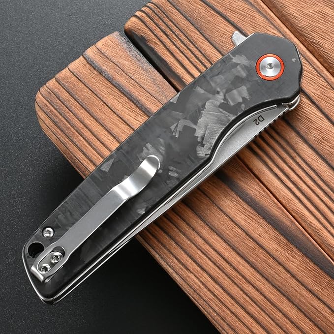 FF19 Folding Pocket KnifeD2 Steel Blade Carbon Fiber Handle EDC Tool Knife for Outdoor Camping Hunting Fishing Working(Black)