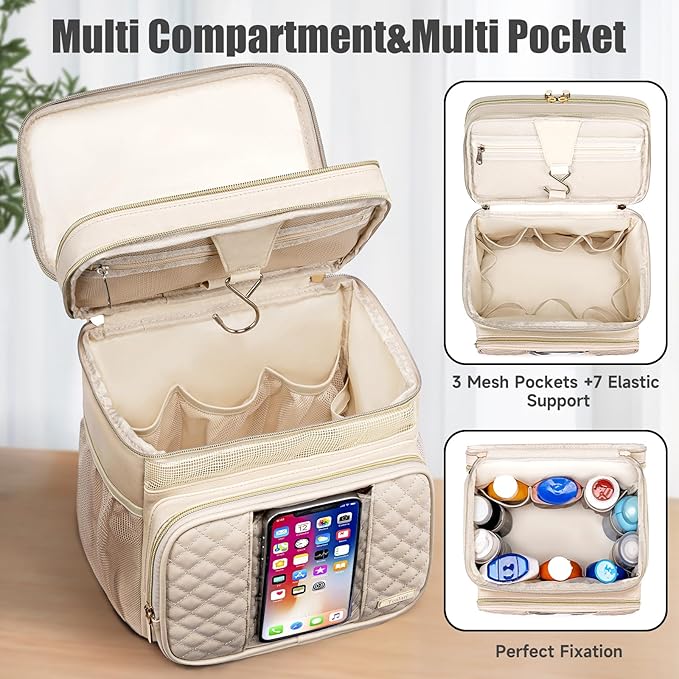 Large Leather Toiletry Bag for Women MenBathroom BagWater Resistant Shower BagMakeup BagPortable Shower Caddy for College DormHanging Travel Toiletry Bag with Transparent Waterproof Phone Pocket