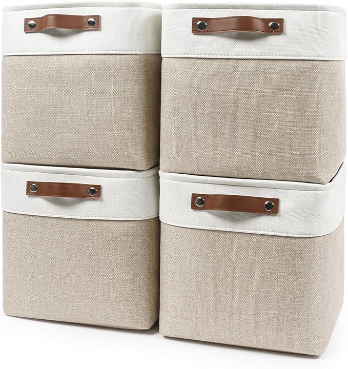 Collapsible Fabric Storage Cubes 11x11 Cube Storage Bins 4 Pack Closet Baskets Box with Handles for Organizing Shelf Toys Clothes Home Office Nursery (Beige&ampWhite)