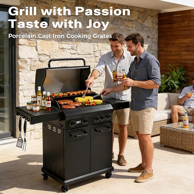 4 Burner Propane Gas Grill with 1 Side Burner 50000 BTU Outdoor BBQ Grill Heavy-Duty Steel Construction Cast Iron Cooking Grates &amp Griddle Backyard Patio Barbecue