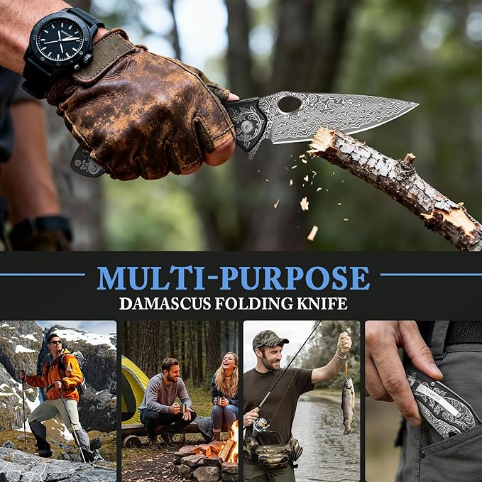 KOMWERO Damascus Pocket Knife with 2.95 VG10 Steel Blade Folding Knife with Aluminum Alloy Non-Slip Handle EDC Knife with Leather Sheath and Pocket Clip for Men Women Camping Survival Hiking