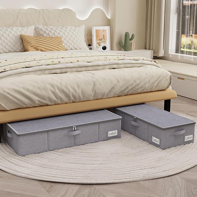 Yawinhe Foldable Underbed Storage Bags Containers Bin with Lids Large Under Bed Organizer Box with Sturdy Zipper und Label Holders for Clothing 31.5''Lx15.7''Wx6''H 4 Pack Grey