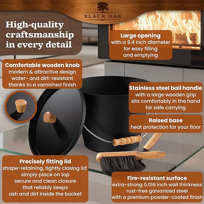 BLACK OAK Ash Bucket Pago 1.5 GAL - Black with lid with Wooden Handle + Brush + Shovel &amp Gloves - 5L Large Steel Fireproof Galvanized &amp Powder-Coated Bucket for ash Coal pellets Modern Desi