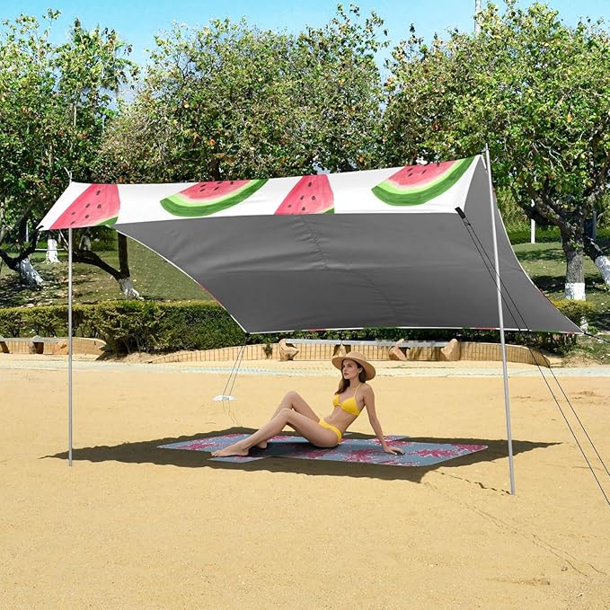 xigua Watermelon Beach Tent Sun Shelter with Carrying Bag - Silver Coated Oxford Fabric Beach Canopy for Beach Camping Fishing - Includes Windproof Ropes Sandbags &amp Stakes