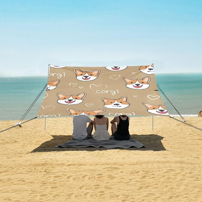ALAZA Cute Dog Corgi Face Pattern Beach Tent Sun Shelter Portable Canopy Sunshade for Outdoor Camping Picnics Backyard Fun 10x9 ft