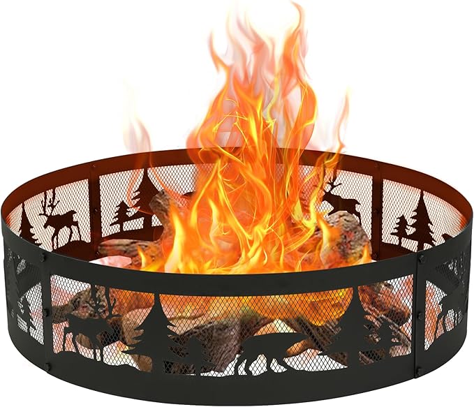 Red Mountain Valley 36 Inch Fire Pit Ring with 360° Forest &amp Wildlife Design Portable Steel Wood Burning Firepit Ring for Outdoor Camping Bonfires BeachPatio fire Pit kit Black