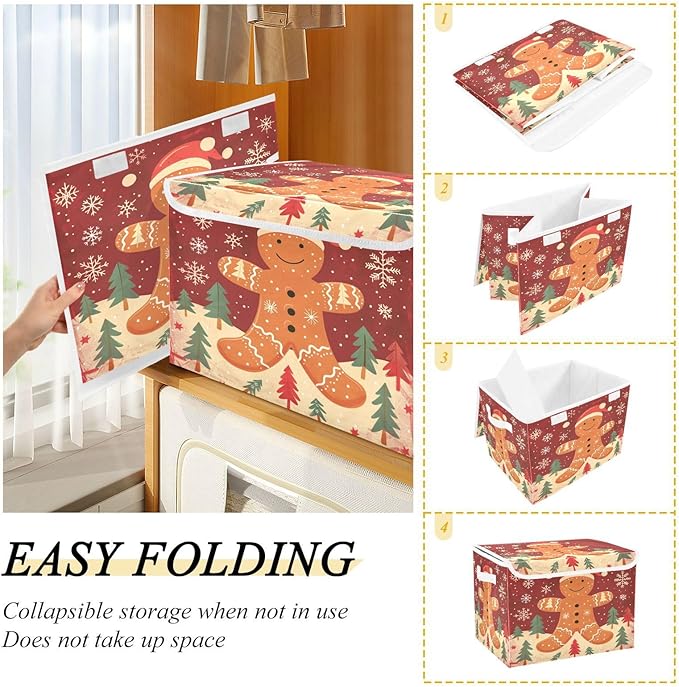 senya Christmas Baskets Collapsible Storage Bins with Lids Christmas Pattern Gingerbread Man Storage Boxes Clothes Baskets for Organizing