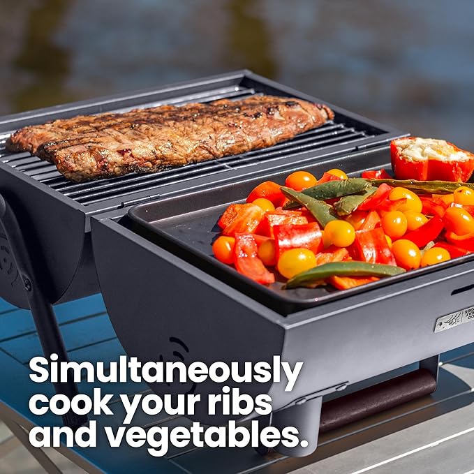 AGG Portable Charcoal Grill - 2-in-1 Tabletop BBQ &amp Griddle Combo - Compact Mini Barrel Grill for Camping Balcony &amp Tailgating - Includes Apron Heat-Resistant Gloves &amp Tongs -Small Outdo