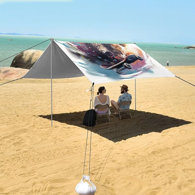 ALAZA Cat Skating Funny Beach Tent Sun Shelter UPF50+ Protection Beach Shade Canopy w/ 4 Sandbags for Outdoor Camping Fishing Backyard Fun Picnic 10x9 ft