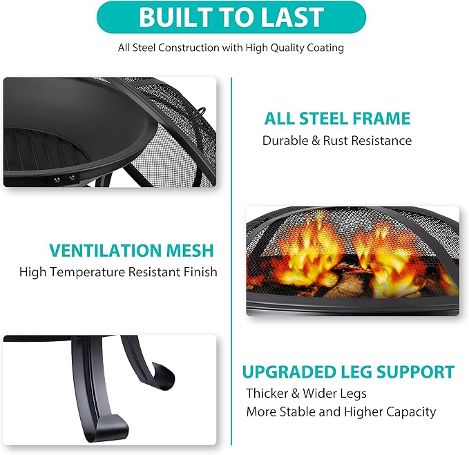 22Inches Fire Pit Outdoor Steel Wood Burning BBQ Grill Firepit Bowl Fireplace with Mesh Screen &amp Fire Poker Log Grate
