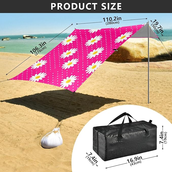 Beach Canopy with Windproof Ropes &amp Sandbags Beach Tent Sun Shade Sun Shelter for Camping Trips Fishing Backyard Fun or Picnics Daisy