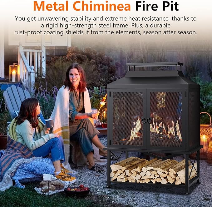 2-in-1 Metal Chiminea Fireplace with GrillWood Burning Outdoor Fireplace with Wood Storage ChimneyMetal Mesh Spark Screenand Fire Tongs Ideal for YardsPatios GardensCampingand Picnics