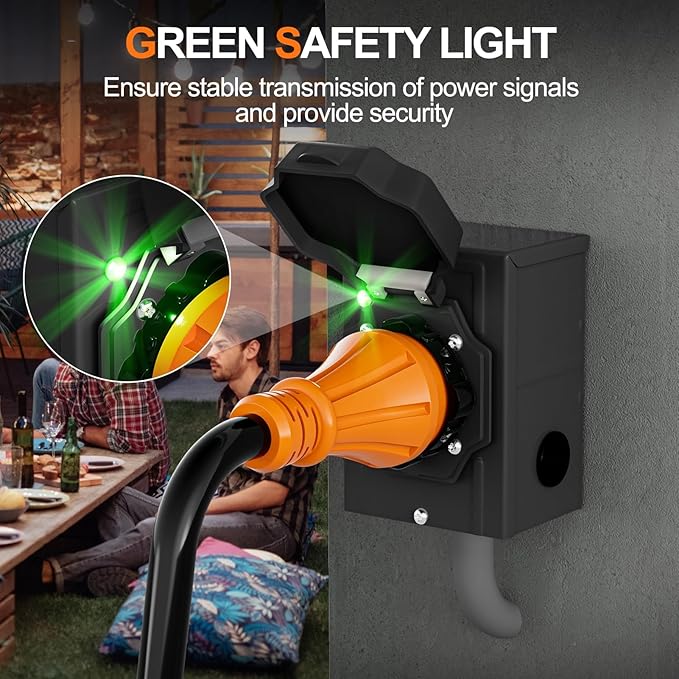 50 Amp Generator Inlet Box with Green Safety Light NEMA SS2-50P Weatherproof Inlet Box for 3 Prong Generator Cord ETL Listed 125/250 Volt 12500 Watts Power for RV Outdoor