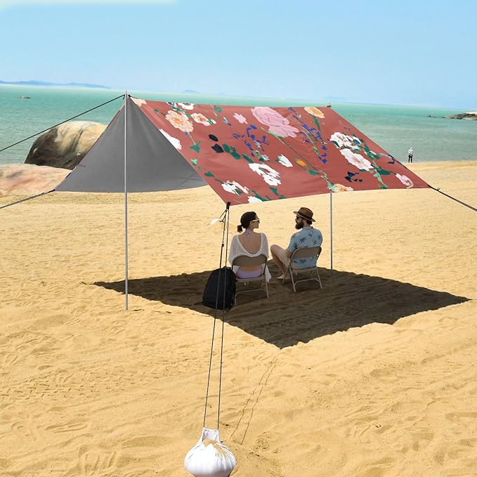 Graffiti Style Red Floral Beach Tent Sun Shelter Set UPF50+ UV Protection 10.5 x 9.19 FT Camping Shade Canopy with Sandbags Sand Anchors Carrying Bag and Others
