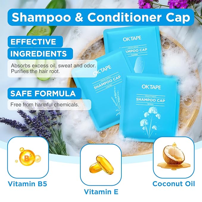 OK TAPE No Water Shampoo Caps (6 Pack) 3 Scents Rinse Free Shower Cap for Elderly After Surgery Camping Shampoo and Conditioner Hair Wash Cap (Lavender Verbena and Cucumber Scents)