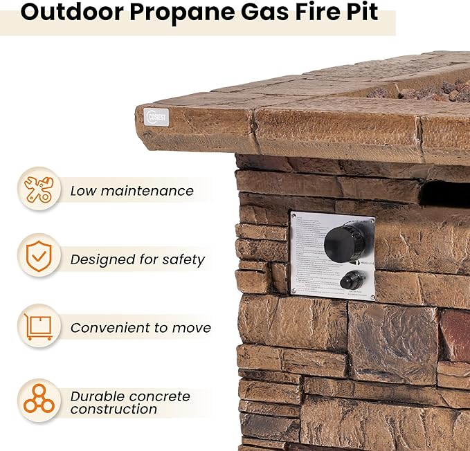 HOMPUS Outdoor Propane Fire Pit Table 32-inch Imitation Stone Square Concrete Propane Fire Pit with Lava Rocks and Rain Cover 50000 BTU Gas Smokeless Fire Pits for Outside PatioGarden CSA Certified