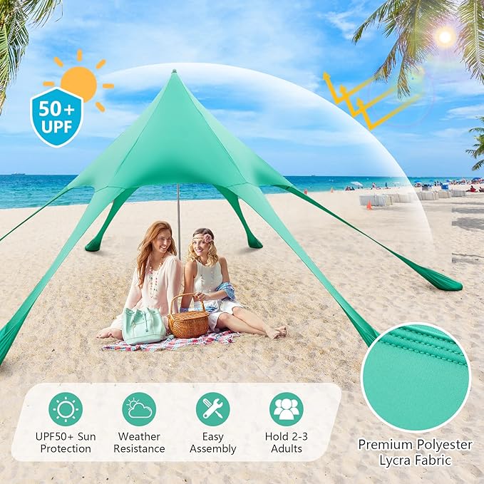 Tangkula Beach Canopy Tent UPF50+ Beach Sun Shade with Sand Shovel 6 Ground Pegs 6 Sandbags Supporting Pole Carry Bag Pop Up Beach Sun Shelter for Camping Fishing Trip