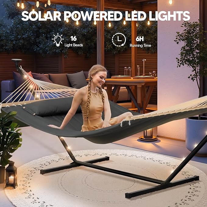 SUNCREAT Double Hammock with 12 ft Stand Solar Powered Lights Included Outdoor Hammock for Outside Dark Gray