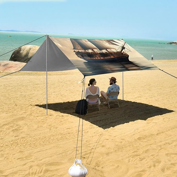 Beach Canopy with Windproof Ropes &amp Sandbags Beach Tent Sun Shade Sun Shelter for Camping Trips Fishing Backyard Fun or Picnics Sailing Boat