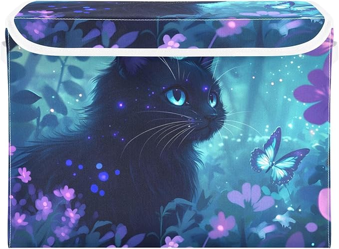 AIXIWAWA Lidded Storage Cube (Fantastic Forest Cat) Fabric Foldable Closet Bins with Flip Lid and Handles Organizer Basket Container 16.5 x 12.6 x 11.8 IN