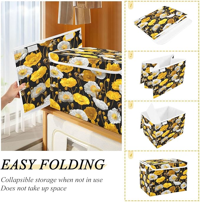 Storage Bins With Lid Stackable Fabric Closet Organizer Clothing Storage Large Boxes For Closet Shelves Bedroom Black Bees and Poppies
