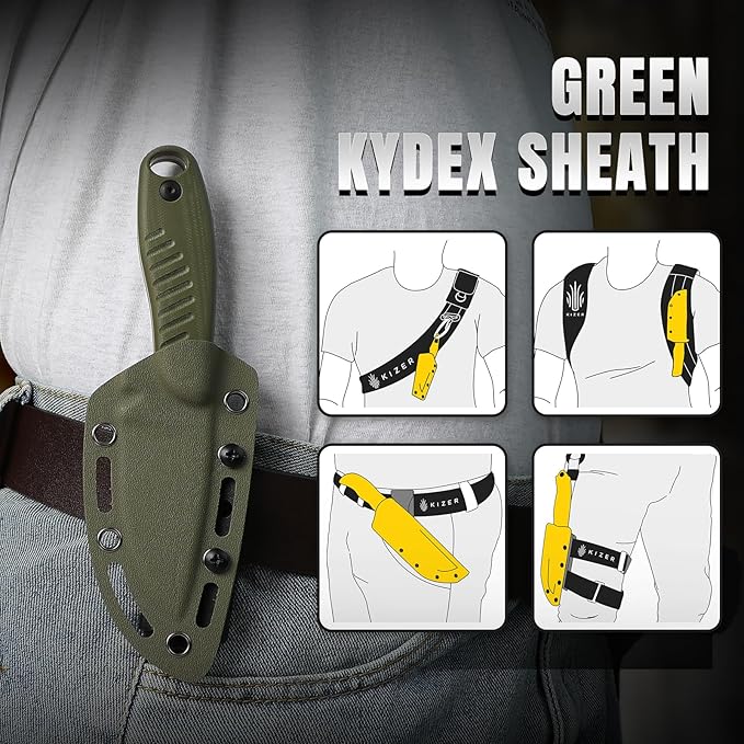 Kizer Hare Fixed Blade Knife with Sheath 3.14 Nitro V Blade EDC Hunting Knife with Olive Green G10 Handle Small Bushcraft Neck Knives Outdoor Camping Knives for Men Women 1077M2