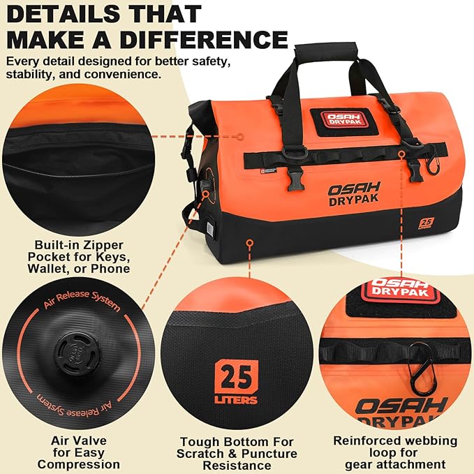 OSAH DRYPAK Waterproof Duffel Bag 25L/40L/60L – Heavy-Duty Motorcycle Tail Bag Roll-Top Dry Bag for Travel Camping Boating Kayaking Outdoor Adventure