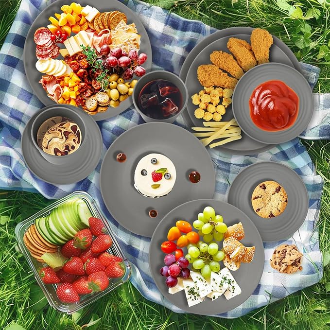 Wrova 40Pack plates and bowls sets for kitchen - Unbreakable wheat straw dinnerware sets service for 8 - Alternative plastic 40pcs dish sets for picniccamping and R.V. - (Grey)