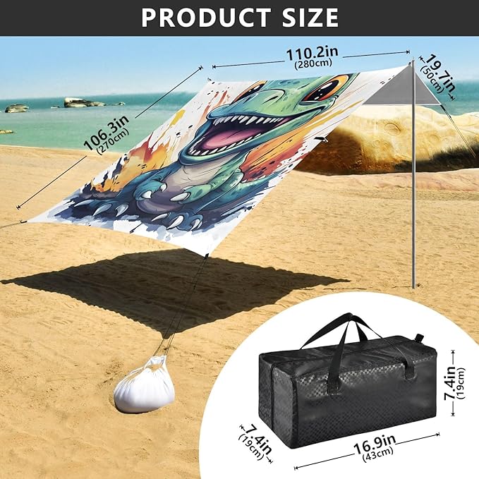 ALAZA Cute Baby Dinosaur Splash Beach Tent Sun Shelter Portable Canopy Sunshade for Outdoor Camping Picnics Backyard Fun 10x9 ft