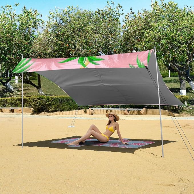 Beach Canopy with Windproof Ropes &amp Sandbags Beach Tent Sun Shade Sun Shelter for Camping Trips Fishing Backyard Fun or Picnics Palm Tree