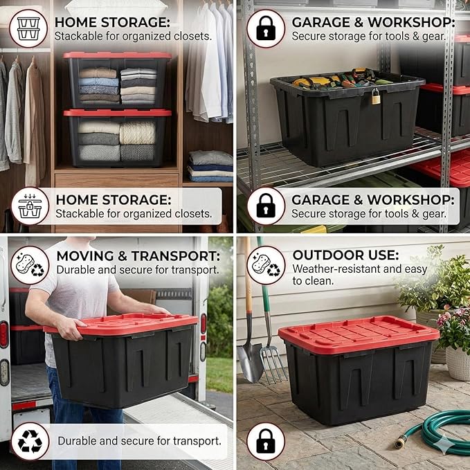 27 Gal Industrial Tote2 Pack Large Storage BinBlack with Red Lid Plastic Storage Container Stackable &amp Nestable Heavy Duty Storage Totes Suitable for Garages Basements or Outdoors (2 Pack)