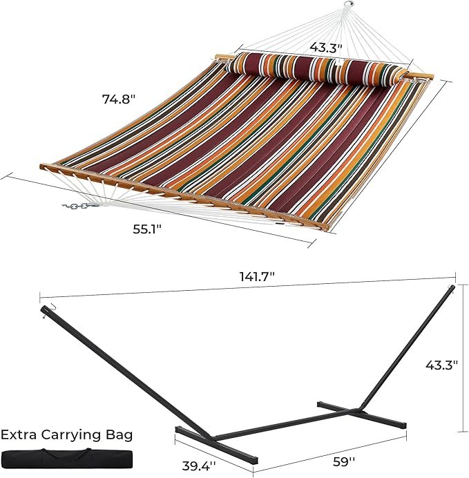 SUPERJARE Hammock with Stand 2 Person Quilted Outdoor Hammock Detachable Pillow &amp Bamboo Spreaders Portable Hammock with Carrying Bag Heavy Duty Stand Perfect for Outside Patio Maple-Leaf R