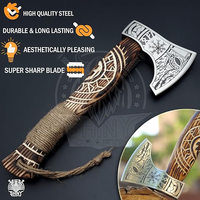 SHINY CRAFTS® Handcrafted Viking Axe – Engraved Nordic Blade with Wooden Handle Norse Bearded Hatchet for Men Unique Gift for Him Collectors Cosplay Camping Medieval Wall Decor (VBA-14)