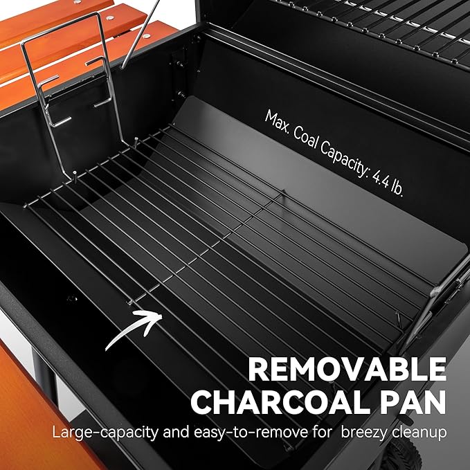 Royal Gourmet CC2024 24 Inch Charcoal Barrel Grill with Warming Rack Outdoor BBQ Grill with Wooden Front and Side Shelves for Backyard Patio and Parties Black