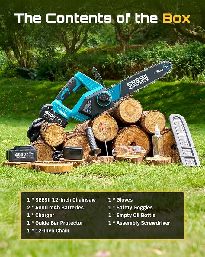 SEESII Electric Chainsaw Cordless 12-inch Handheld Chain Saws with a 4.0Ah Battery Tree Saw with Tool-free Chain Tension Auto Oiling for Wood Cutting Trimming Branch