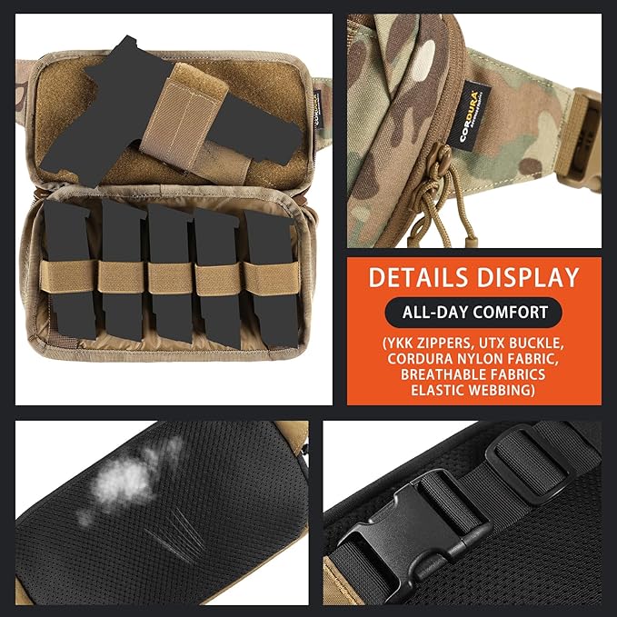 Tactical CCW Fanny Bag Concealed Carry Fanny Pack w/Adjustable Waist Belt Tactical Waist Bag Handgun Pouch with Universal Pistol Holster Everyday Hip Pack for Men Travel Outdoor(Brown)