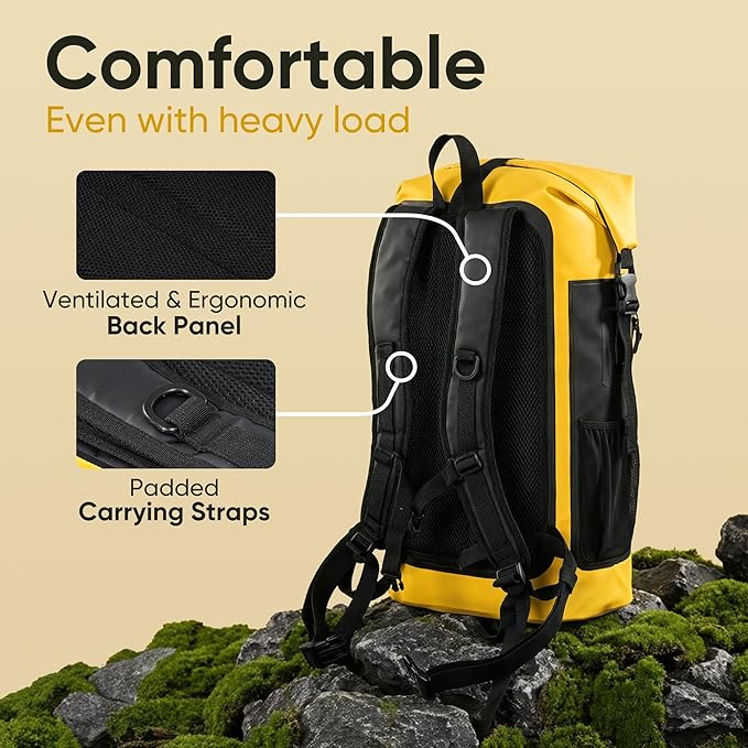 Dry Bag Waterproof Backpack 35L for Men &amp Women Roll-Top Hiking Backpack with IPX8 Waterproof Phone Case &amp Detachable Mini Backpack for Kayaking Boating Cushioned Padded Back Yellow